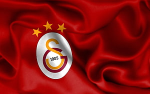 Galatasaray Club Crest on Flowing Red Silk Fabric with Three Stars HD wallpaper