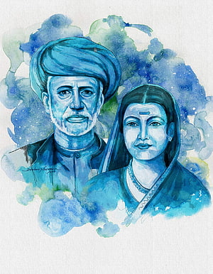 Watercolor Portrait of Bhagat Singh and Sundari Devi in Blue Tones HD phone wallpaper