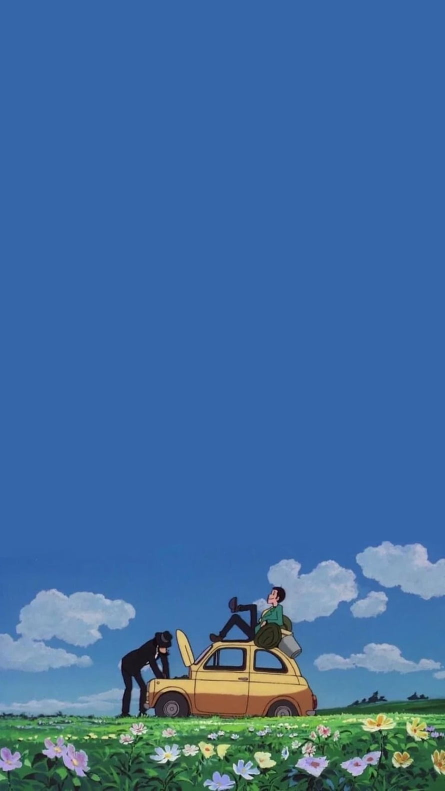 Lupin the Third and Jigen Daisuke in a Yellow Car in a Flower Field from The Castle of Cagliostro HD phone wallpaper