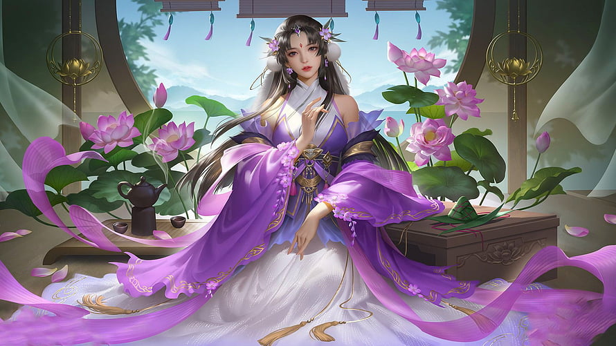 Elegant Anime Woman in Purple Hanfu Sitting Among Lotus Flowers, Lilac Lotus Beauty, art, , beautiful, girl, woman, digital, fantasy, flowers, lilac HD wallpaper