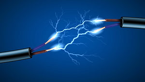 Electric Arc Between Exposed Copper Wires on Deep Blue Background HD wallpaper