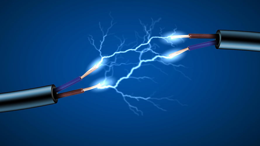 Electric Arc Between Exposed Copper Wires on Deep Blue Background HD wallpaper