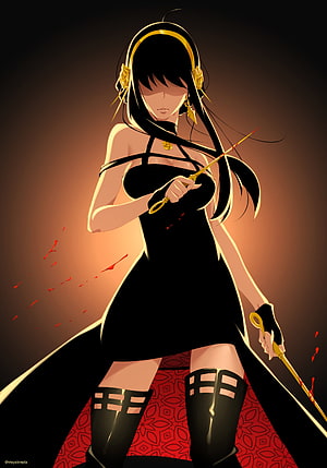 Yor Forger in Black Dress Holding Dual Daggers with Blood Splatter HD phone wallpaper