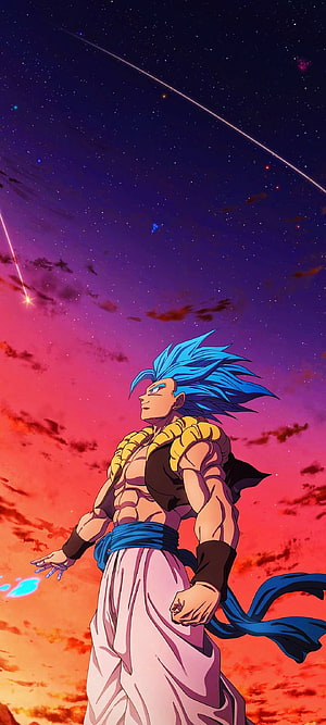 Gogeta Blue Super Saiyan God standing against a vibrant cosmic sunset sky with shooting stars HD phone wallpaper