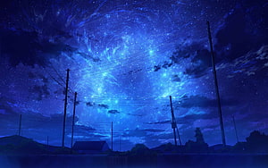 Starry Night Sky Over Rural Landscape With Power Lines And House HD wallpaper