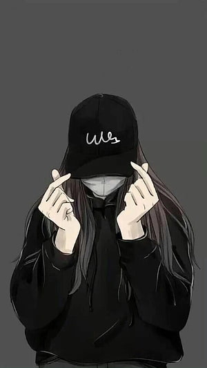 Anime Girl in Black Cap and Mask Making Finger Heart Gesture HD phone wallpaper