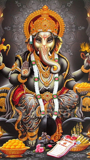 Lord Ganesha Digital Art with Golden Crown, Floral Garland, and Mouse Vahana HD phone wallpaper