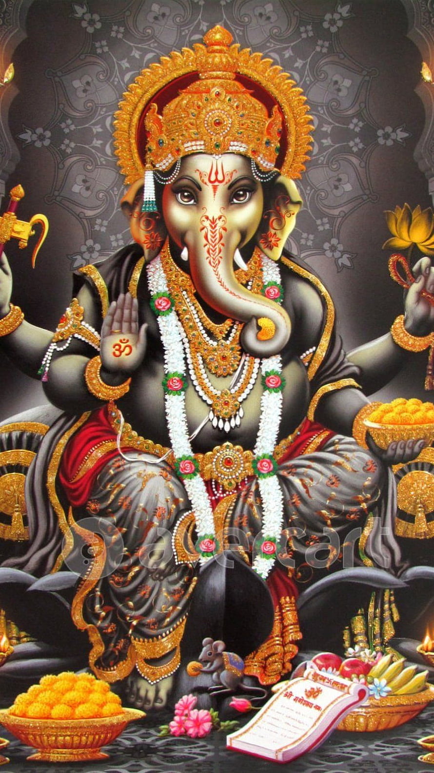 Lord Ganesha Digital Art with Golden Crown, Floral Garland, and Mouse Vahana HD phone wallpaper
