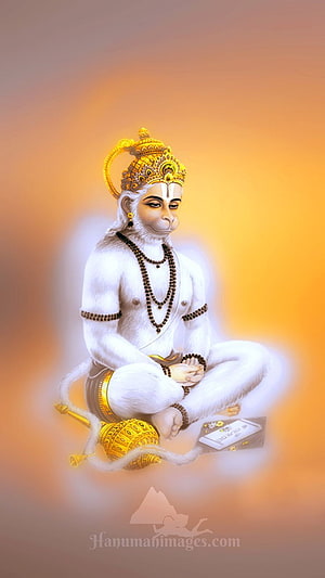 White Hanuman meditating with golden mace and sacred book on warm orange background, Hanuman Meditation HD phone wallpaper