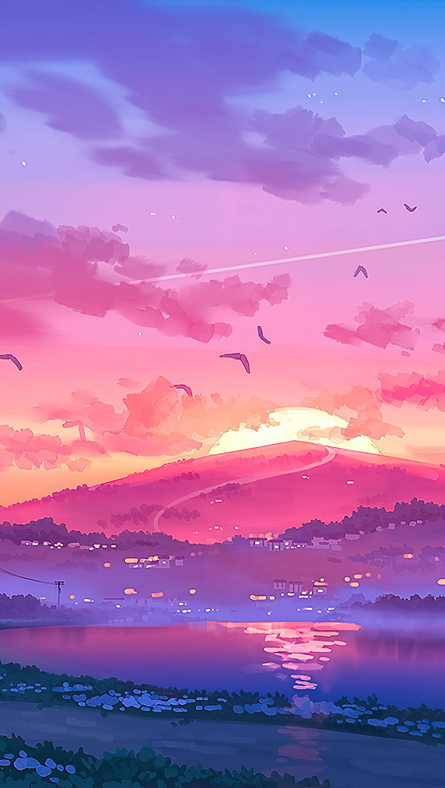 Anime Style Mountain Sunset Over Lake With Birds And Village Lights HD phone wallpaper