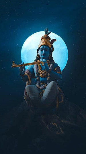 Blue Skinned Hindu God Krishna Playing Flute Under Full Moon Night Sky HD phone wallpaper