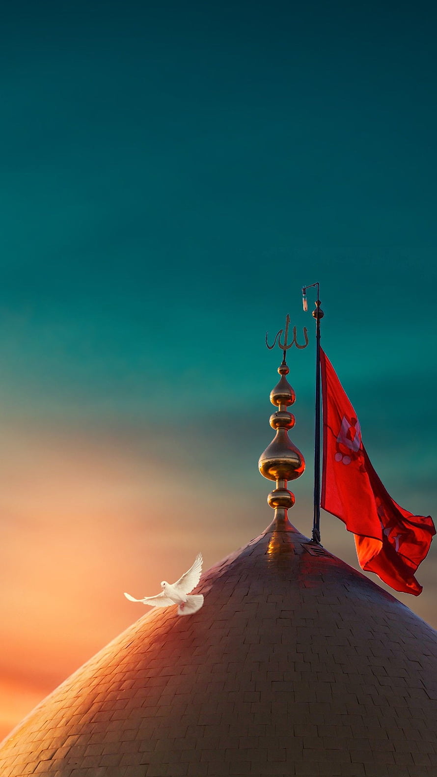 White Dove Flying Near Golden Temple Dome With Red Flag At Sunset HD phone wallpaper