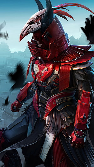 Red and Black Armored Warrior with Bird Helm and Feathers HD phone wallpaper