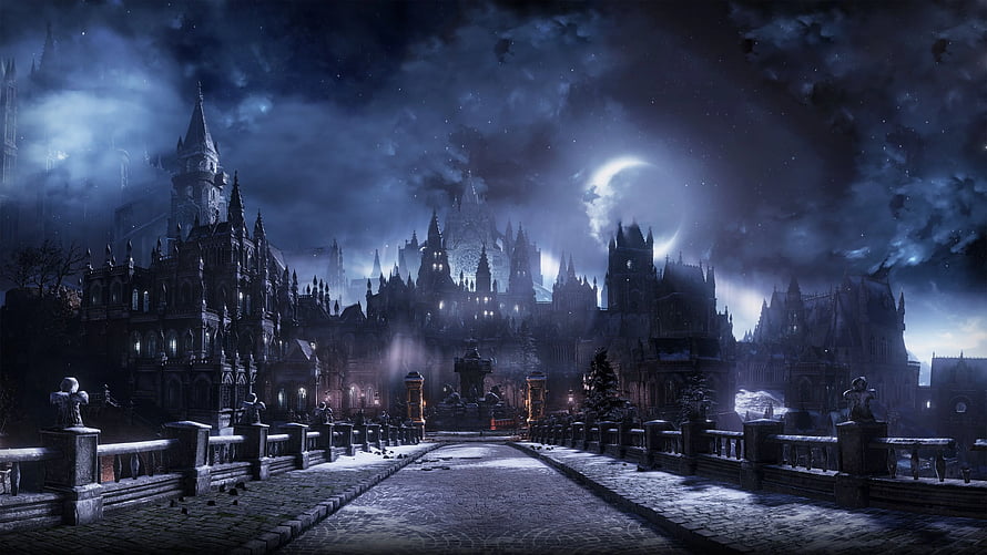 Mystical Gothic Castle Cityscape Under Moonlight HD wallpaper