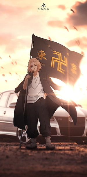 Tokyo Revengers Mikey holding flag with car in background at sunset HD phone wallpaper