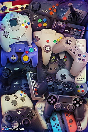 Retro Gaming Controller Collection Featuring Nintendo, Sony, Sega, and Xbox HD phone wallpaper