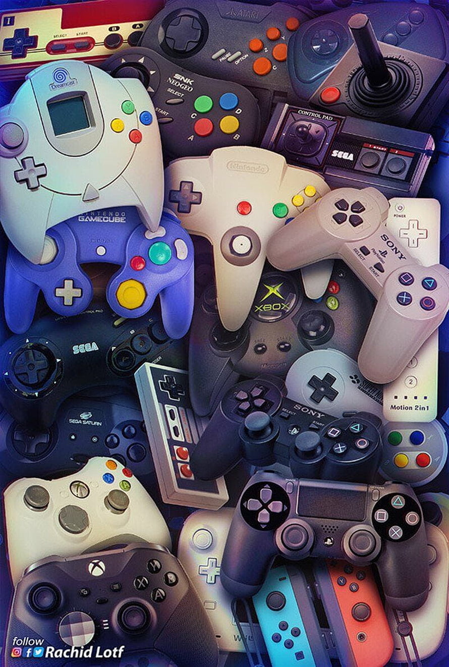 Retro Gaming Controller Collection Featuring Nintendo, Sony, Sega, and Xbox HD phone wallpaper