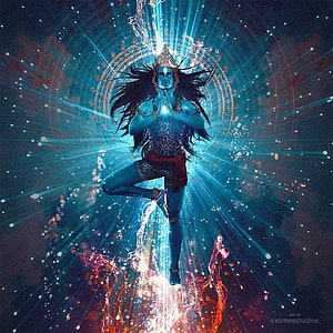 Blue Skinned Yogi in Tree Pose with Glowing Energy and Cosmic Background HD phone wallpaper