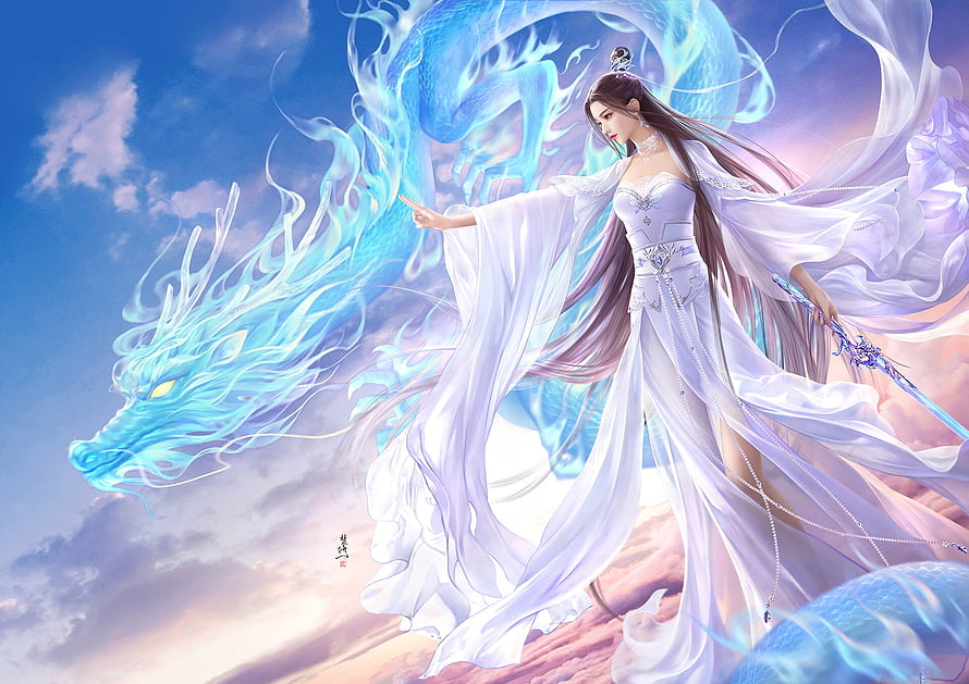 Ethereal Fantasy Woman in White Robes with a Glowing Blue Spirit Dragon, Girl and dragon, fanxiu, blue, pink, white, frumusete, dragon, luminos, fan xiu, fantasy HD wallpaper