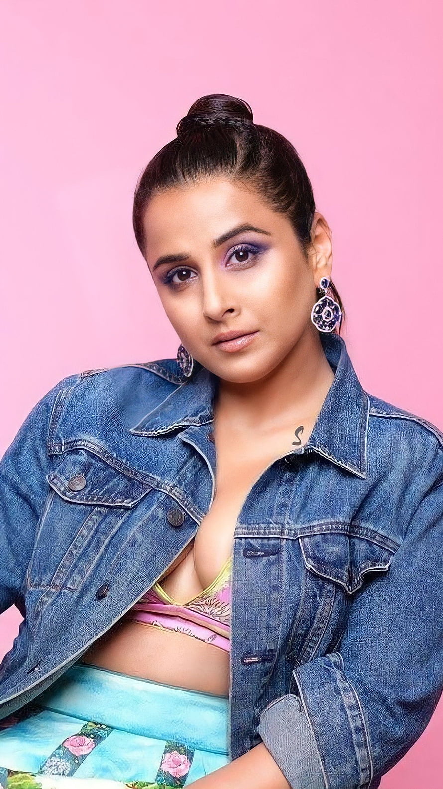 Vidya Balan in Denim Jacket and Floral Skirt Against Pink Background HD phone wallpaper