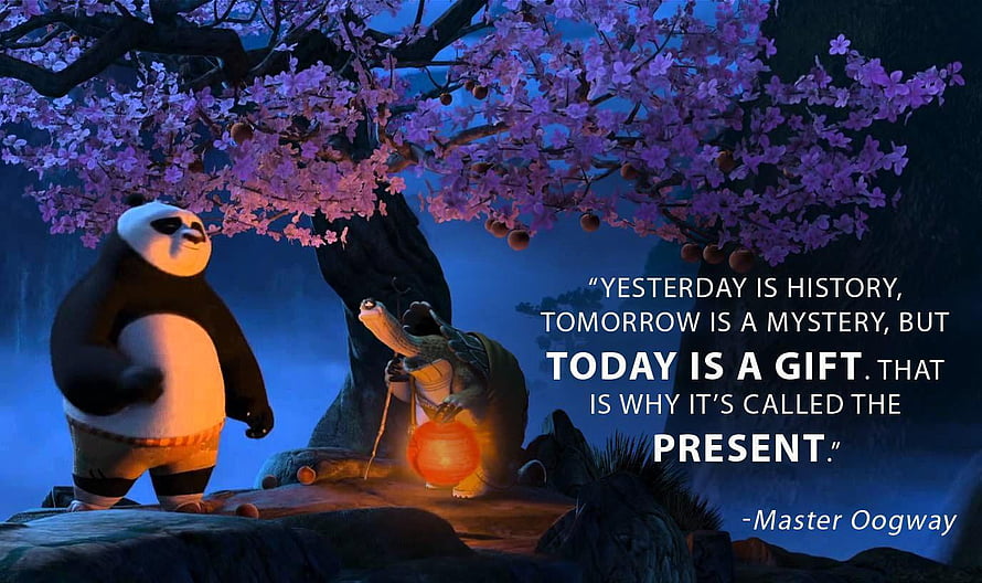Kung Fu Panda Po and Master Oogway Under Purple Blossom Tree With Inspirational Quote HD wallpaper