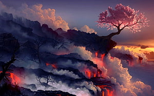 Fantasy Landscape With Glowing Pink Tree And Flowing Lava Waterfalls HD wallpaper