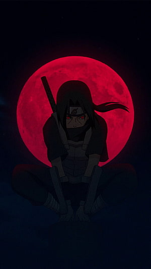 Itachi Uchiha Sitting Silhouette Against Giant Red Moon HD phone wallpaper