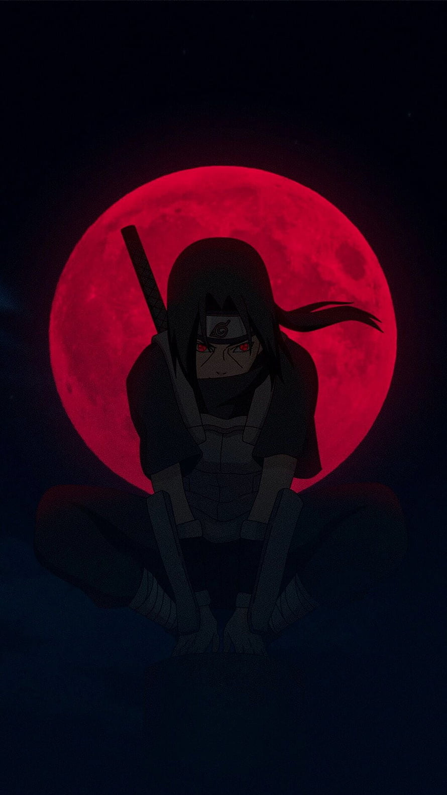 Itachi Uchiha Sitting Silhouette Against Giant Red Moon HD phone wallpaper