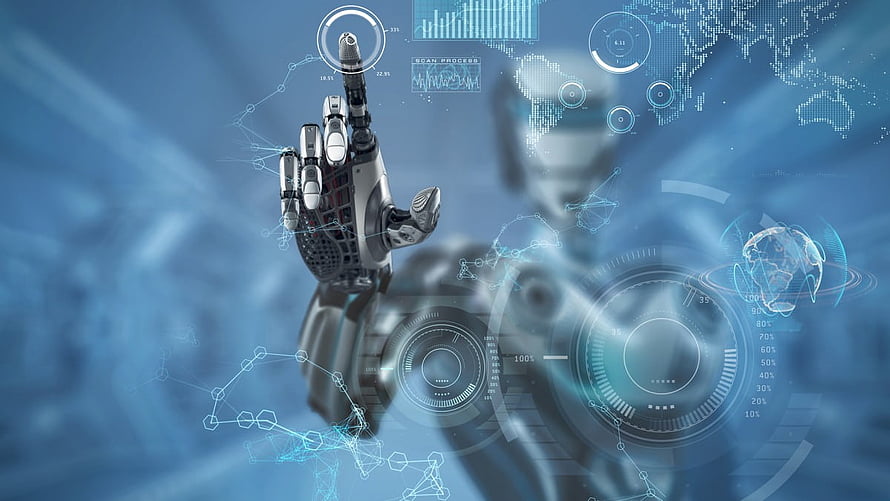 Futuristic Robotic Hand Interacting with Digital Data Interface and Global Network Visualization HD wallpaper