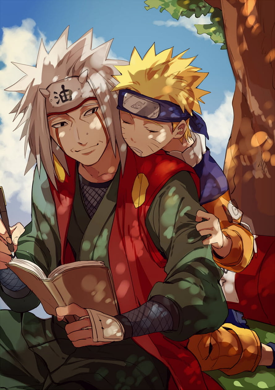 Naruto Uzumaki Sleeping on Minato Namikaze's Shoulder While Writing in a Notebook HD phone wallpaper