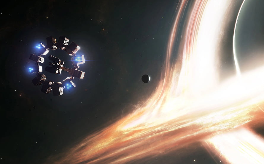 Interstellar Space Station Near Glowing Black Hole Accretion Disk HD wallpaper