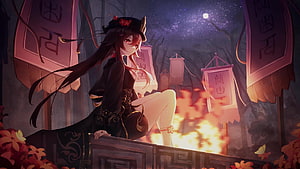 Houyi Genshin Impact Anime Girl Sitting By Fire Night Wallpaper HD wallpaper