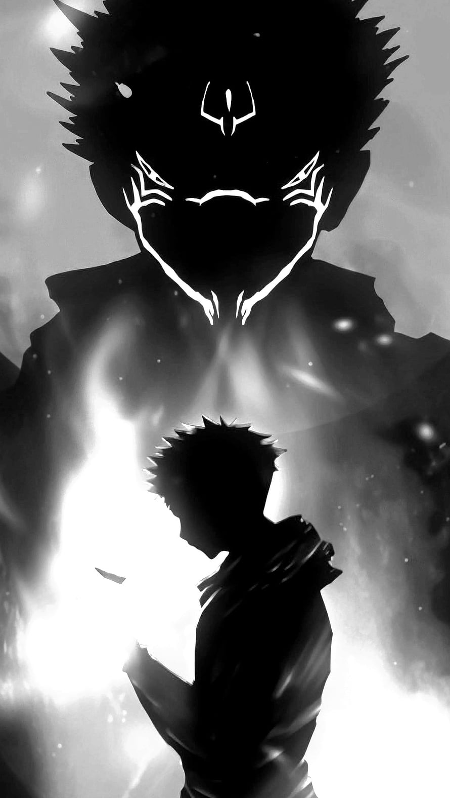 Black and White Anime Silhouette of Naruto and Kurama HD phone wallpaper
