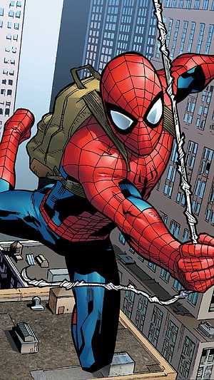 Spider-Man Swinging Through City Streets in Classic Comic Book Art Style, Spiderman Comic, Spiderman Comic Marvel Cartoon HD phone wallpaper