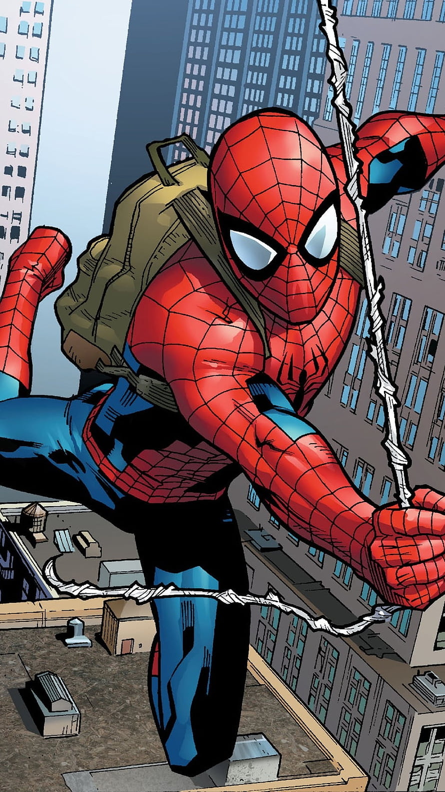 Spider-Man Swinging Through City Streets in Classic Comic Book Art Style, Spiderman Comic, Spiderman Comic Marvel Cartoon HD phone wallpaper