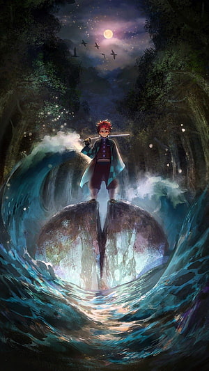 Kyojuro Rengoku from Demon Slayer standing on a rock in a waterfall at night HD phone wallpaper