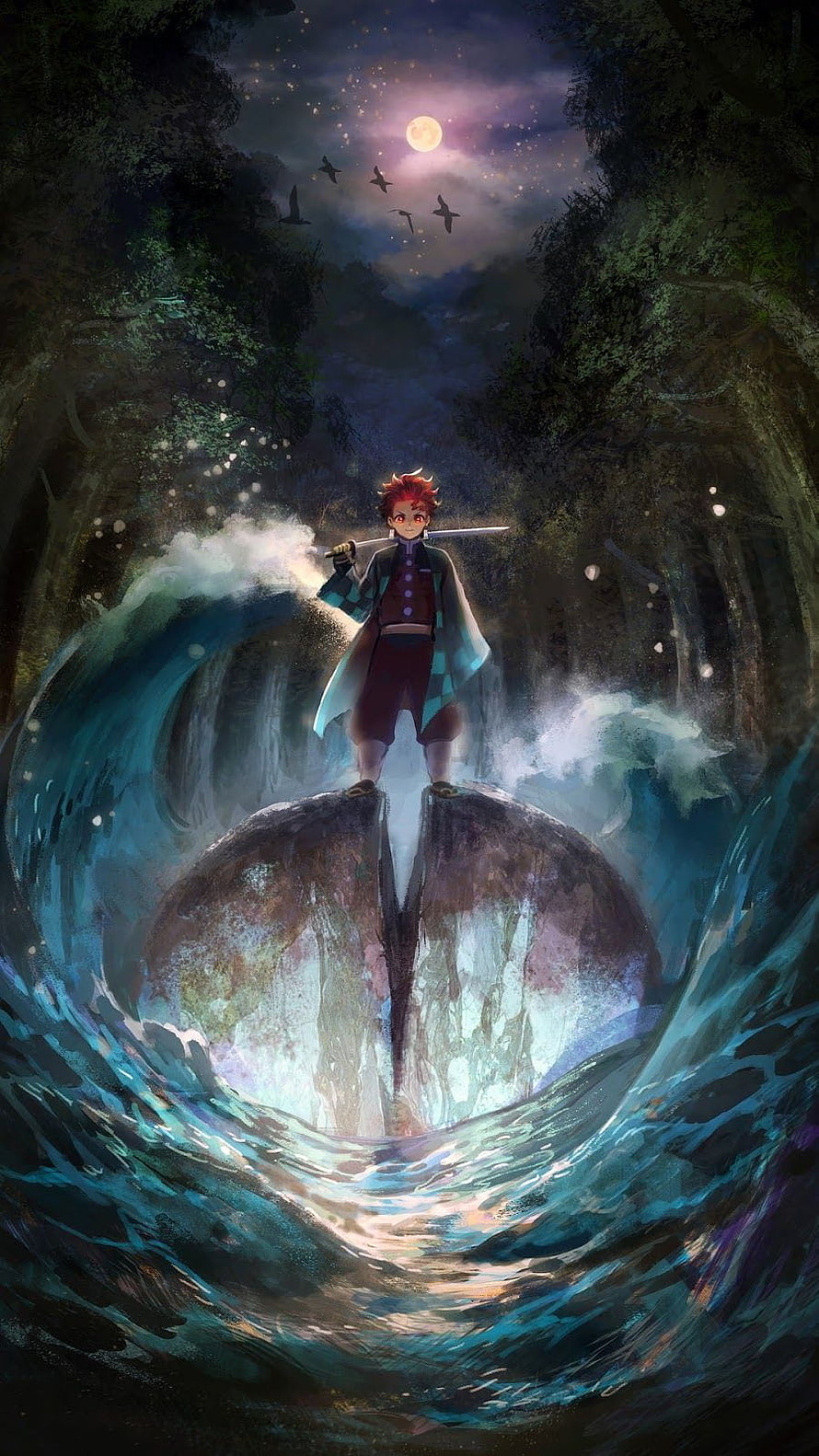 Kyojuro Rengoku from Demon Slayer standing on a rock in a waterfall at night HD phone wallpaper