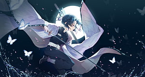 Kochou Shinobu from Demon Slayer wielding a sword with butterfly wings under a full moon HD wallpaper