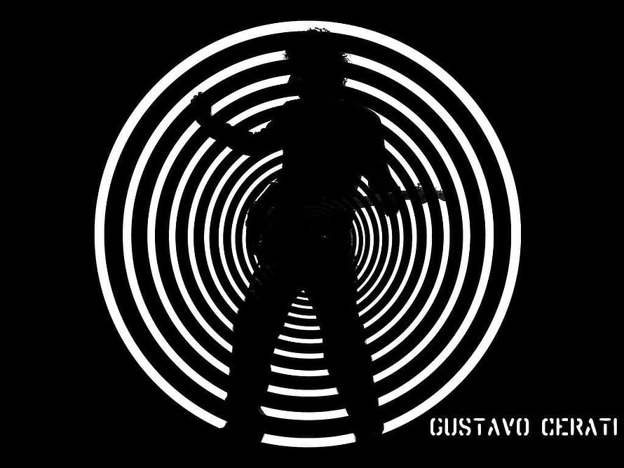 Gustavo Cerati Silhouette Portrait with Concentric White Circles on Black Background HD wallpaper