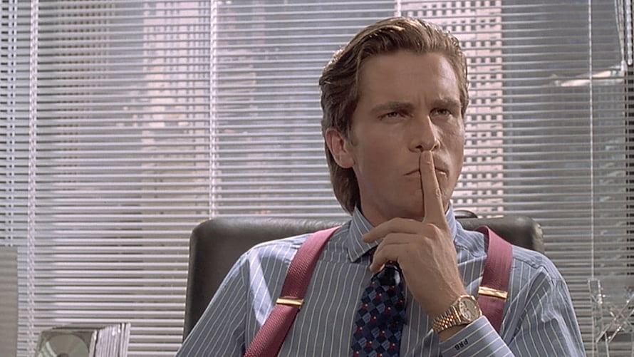 Patrick Bateman from American Psycho in a striped shirt and suspenders making a shushing gesture, american psycho - Cool for me!, Patrick Bateman HD wallpaper