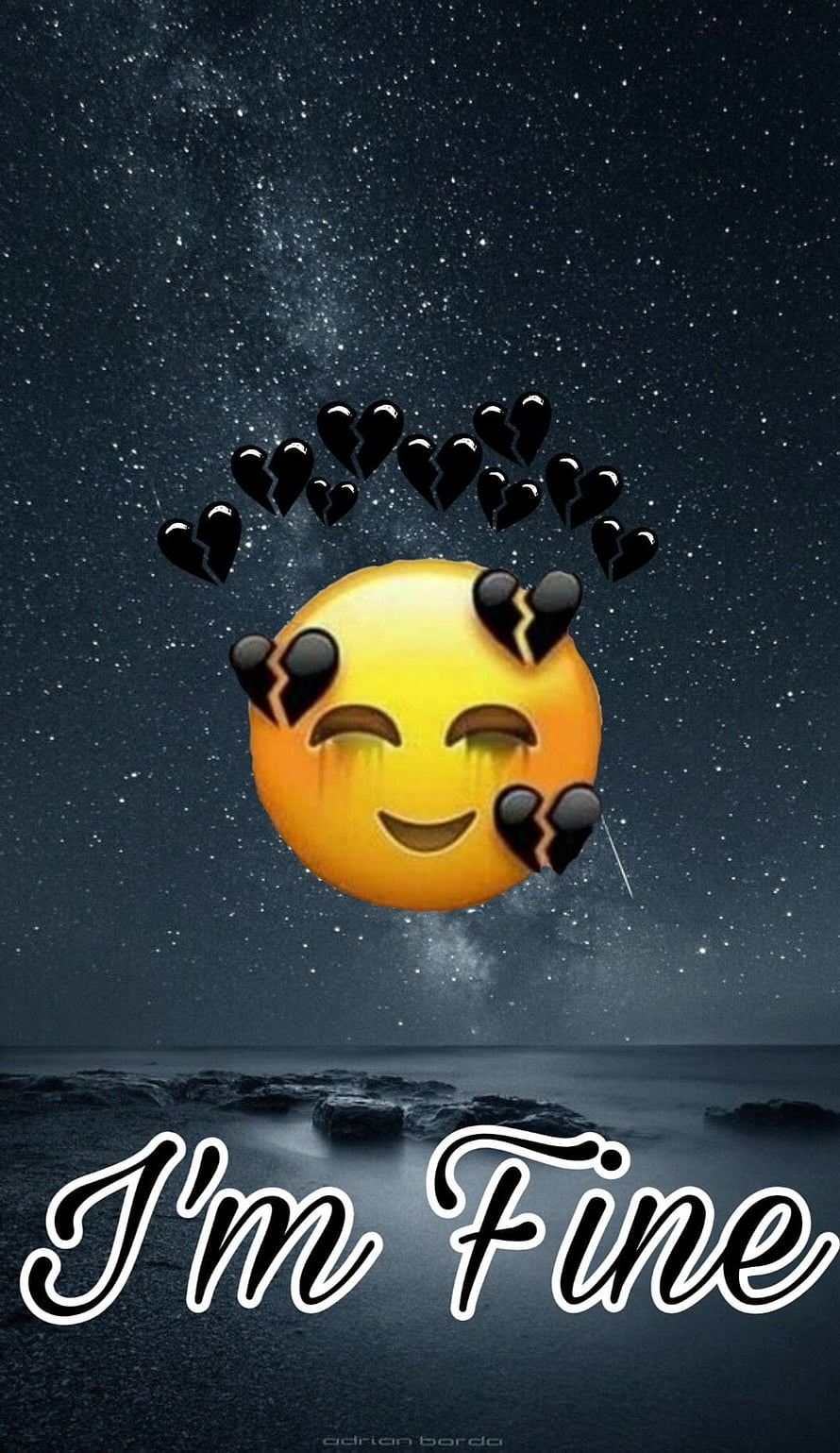 Sad Smiling Emoji With Broken Hearts Against Starry Night Sky Ocean Background HD phone wallpaper