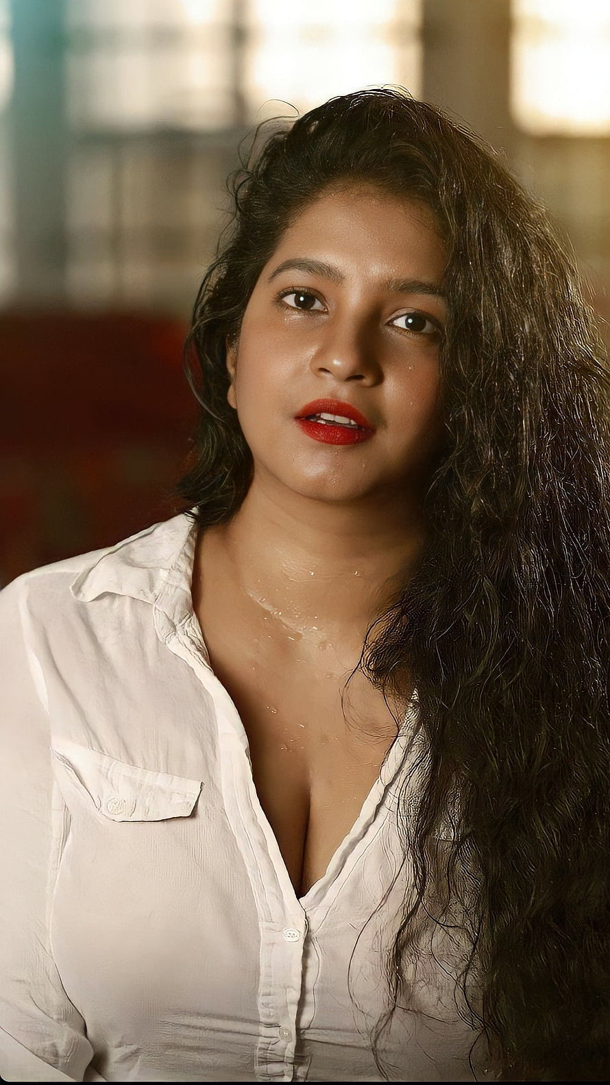 Shubha Punja Portrait in White Shirt with Wet Hair and Red Lipstick HD phone wallpaper