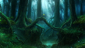 Mystical Dark Forest Scene with Glowing Lantern and Ancient Trees HD wallpaper