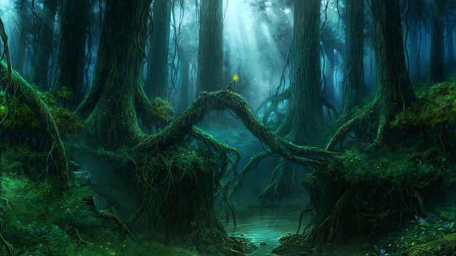 Mystical Dark Forest Scene with Glowing Lantern and Ancient Trees HD wallpaper