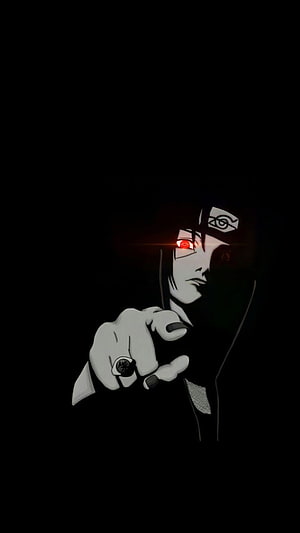 Itachi Uchiha Sharingan Anime Character Pointing Finger Dark Background HD phone wallpaper