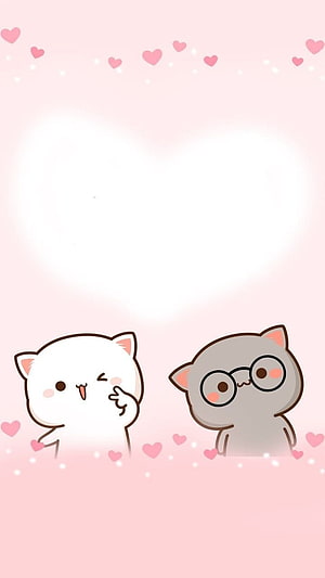 Cute Cartoon Cats With Glasses And Pink Hearts On Soft Background HD phone wallpaper