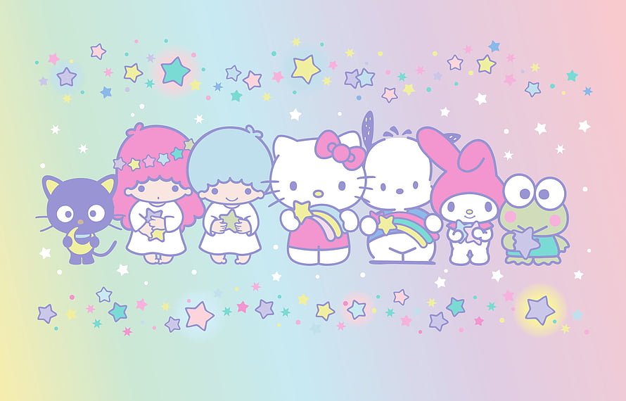 Sanrio Characters Holding Stars on Pastel Rainbow Background HD wallpaper