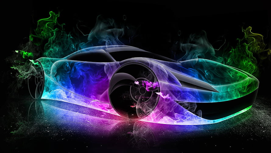Futuristic Sports Car Enveloped in Vibrant Neon Smoke and Colorful Haze HD wallpaper