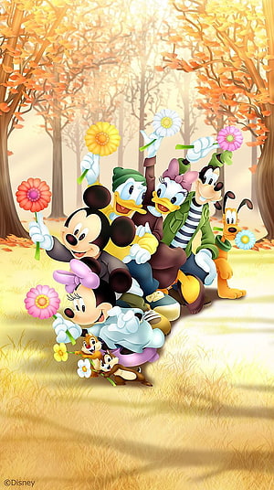 Disney Characters Holding Flowers in Autumn Forest with Mickey, Minnie, Donald, Daisy, Goofy, Pluto, and Chip 'n' Dale HD phone wallpaper