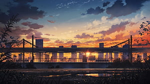 Anime Style Urban Sunset Over Elevated Railway With Dramatic Clouds HD wallpaper
